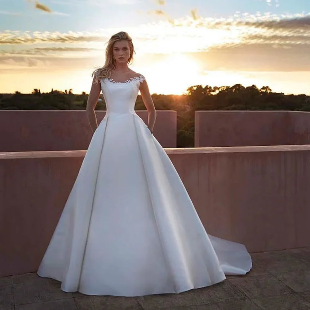 

Customized Wedding Dresses Elegant Cap Sleeves Bridal Gowns A Line Appliques Bride Dress New Classic Vestido De Novia