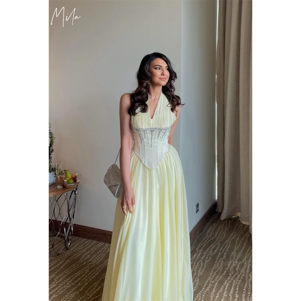 

Mila Halter Neck Customized Yellow Evening Dresses Sleeveless Chiffon Prom Dress 2025 Floor-Length Wedding Party Formal Gowns