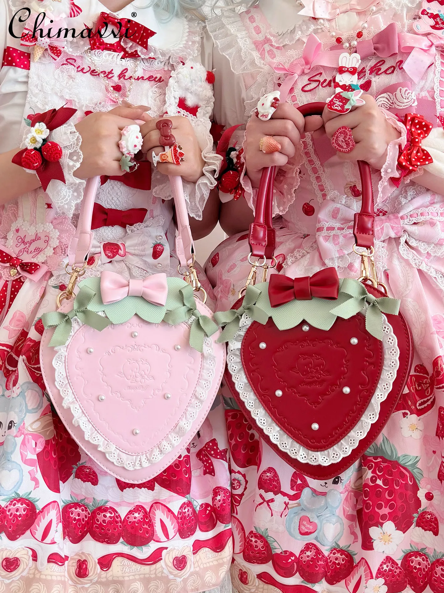 

Original Lolita Sweet Garden Strawberry Bag Cute Bow Heavily Embellished Pearl Lace Handbag Elegant Princess Style Makeup Bag