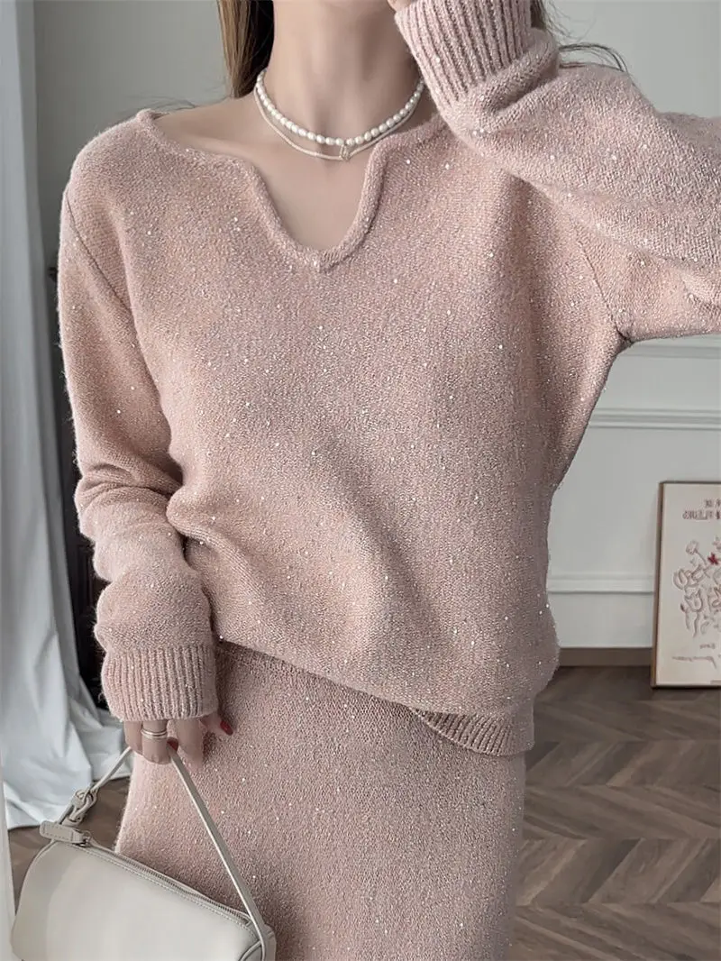 Heavy Industry Sequin Yarn Set Autumn and Winter Korean Knitted Top Age Reducing Skirt Elegant Women\'s Two-piece Set