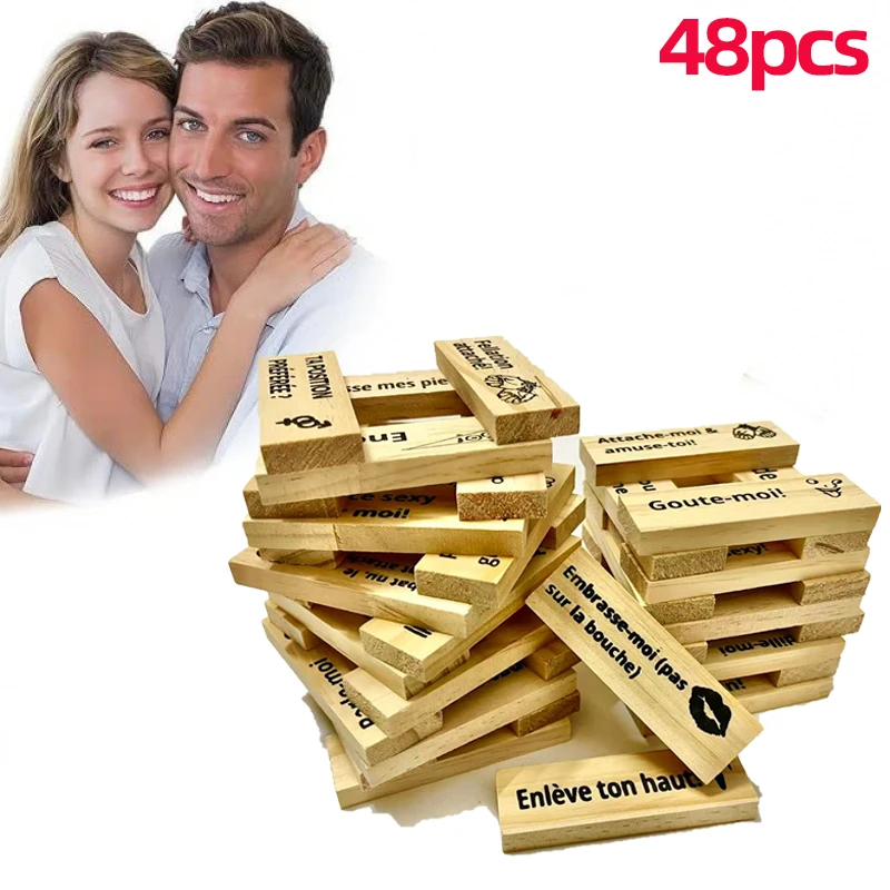 Juego de torre de madera traviesa de 48 piezas, clásico, apilable, divertido para parejas, citas, noches, juegos de mesa de fiesta de San Valentín y adultos