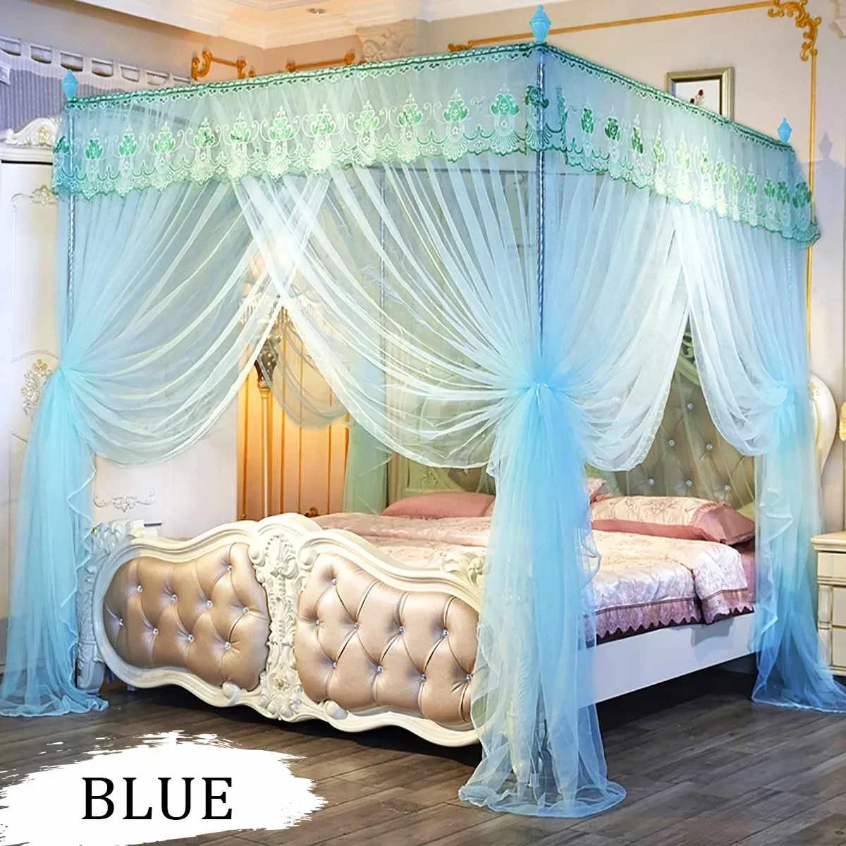 Luxury Princess Canopy 4 Corner Bed Curtains 3 Side Openings Post Bed Curtain Canopy Netting Mosquito Net Bedding No Bracket