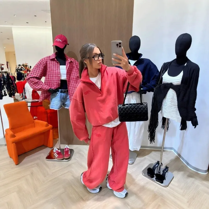 Fashionable Autumn and Winter Set of Washed-out Aged Letter-embroidered Half-zipper Hoodie and Straight-leg Long Pants for Women