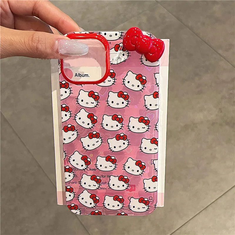 Sanrio Hello Kitty Full Screen KT Face Pink Phone Case For iPhone 15 14 13 12 11 Pro Max XR XS MAX 7 8Plus MINI Y2K Laser Mirror