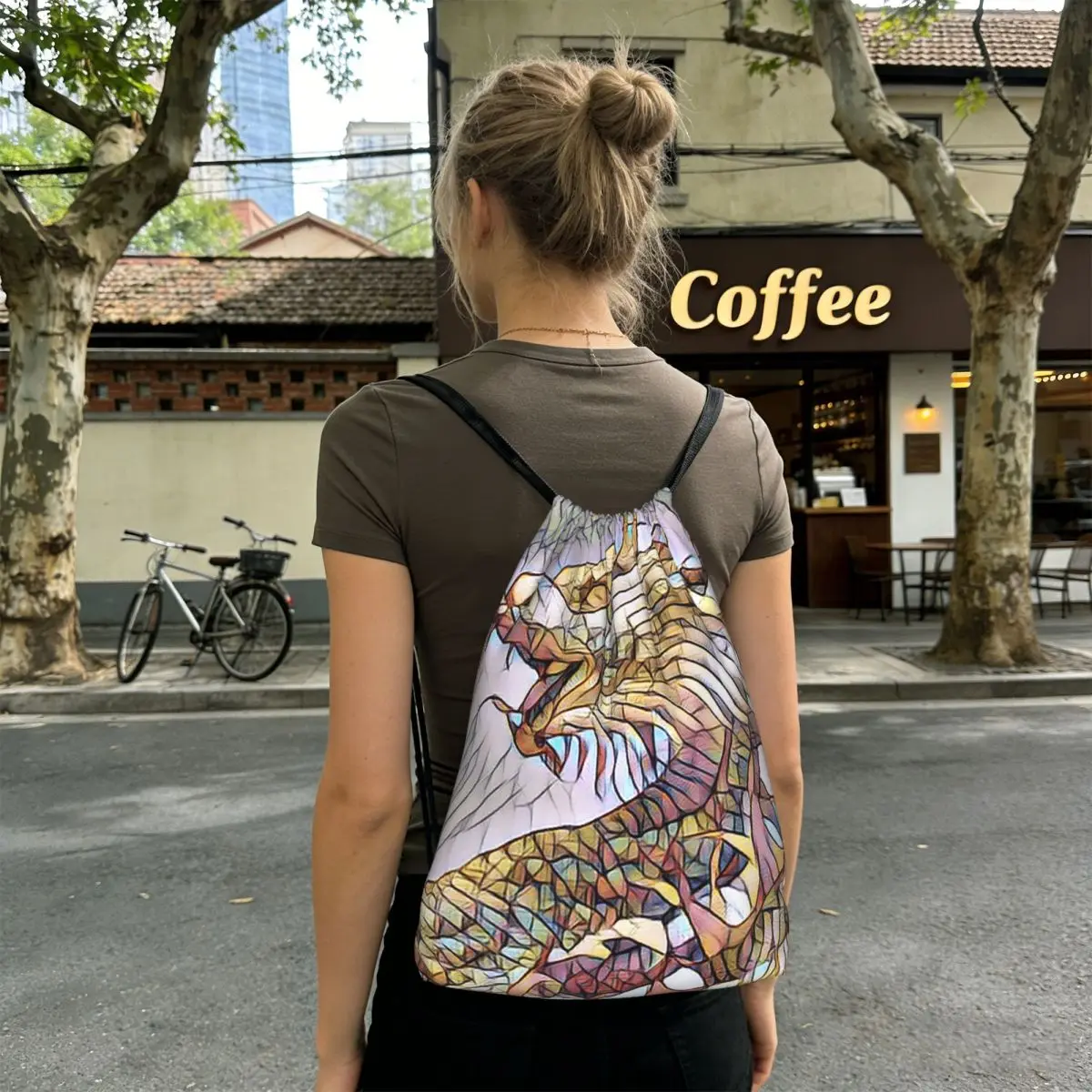 Glass Purple Dragon Pattern Backpacks Portable Drawstring Bags Sports Bag Book Bags for Man Woman Students