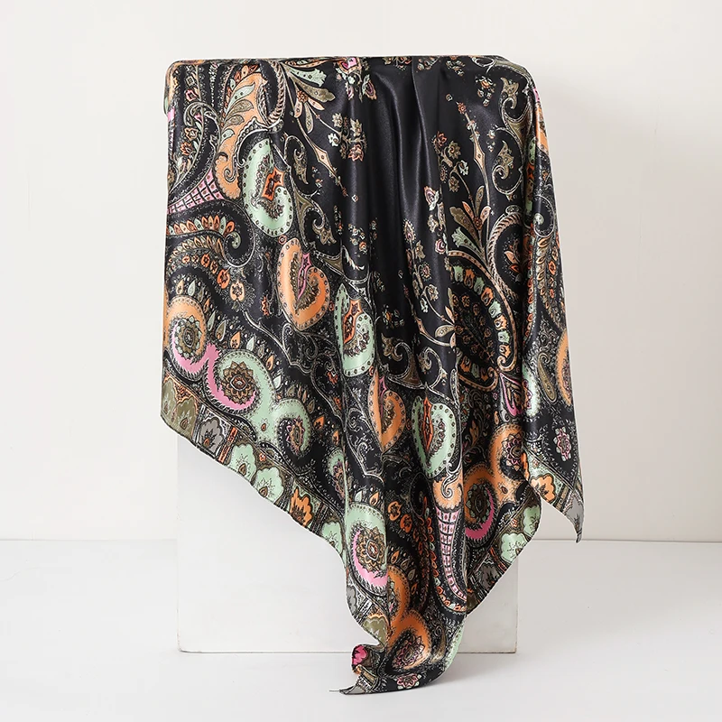 90 cm Platz Silk Schals Frauen Hijab Schals Paisley Cashew Blume Drucken Kopftuch Femme Kopf Schal Foulard Bandana Strand Pareo – Detail 4