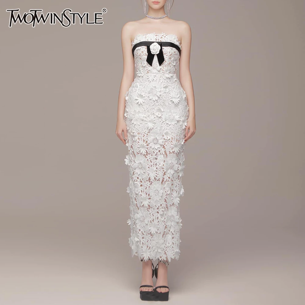 

TWOTWINSTYLE Hit Color Slimming Spliced Bowknot Dresses for Women Strapless Sleeveless Hollow Out Elegant Dress Female Fashion