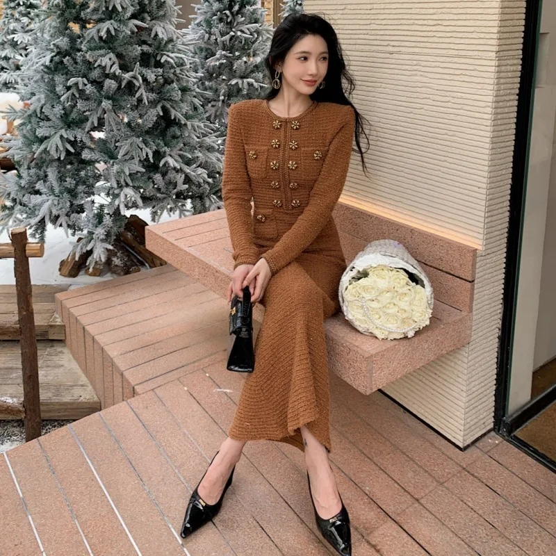 Quality Runway Autumn Winter Beading Diamonds Knitting Sweater Dress Women Long Sleeve Sheath Pencil Prom Evening Dresses Party