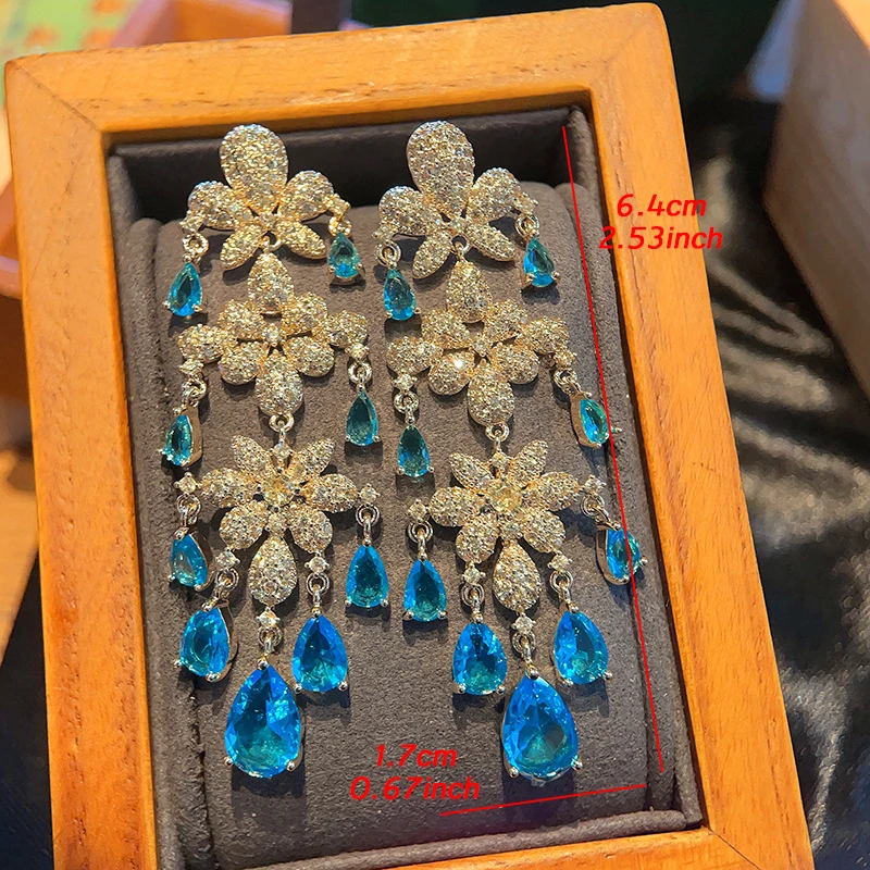 2023 Tren Mewah Kubik Zirkonia Bunga Biru Kristal Menjuntai Anting Menjuntai untuk Wanita Pesta Pernikahan Korea Fashion Perhiasan Hadiah