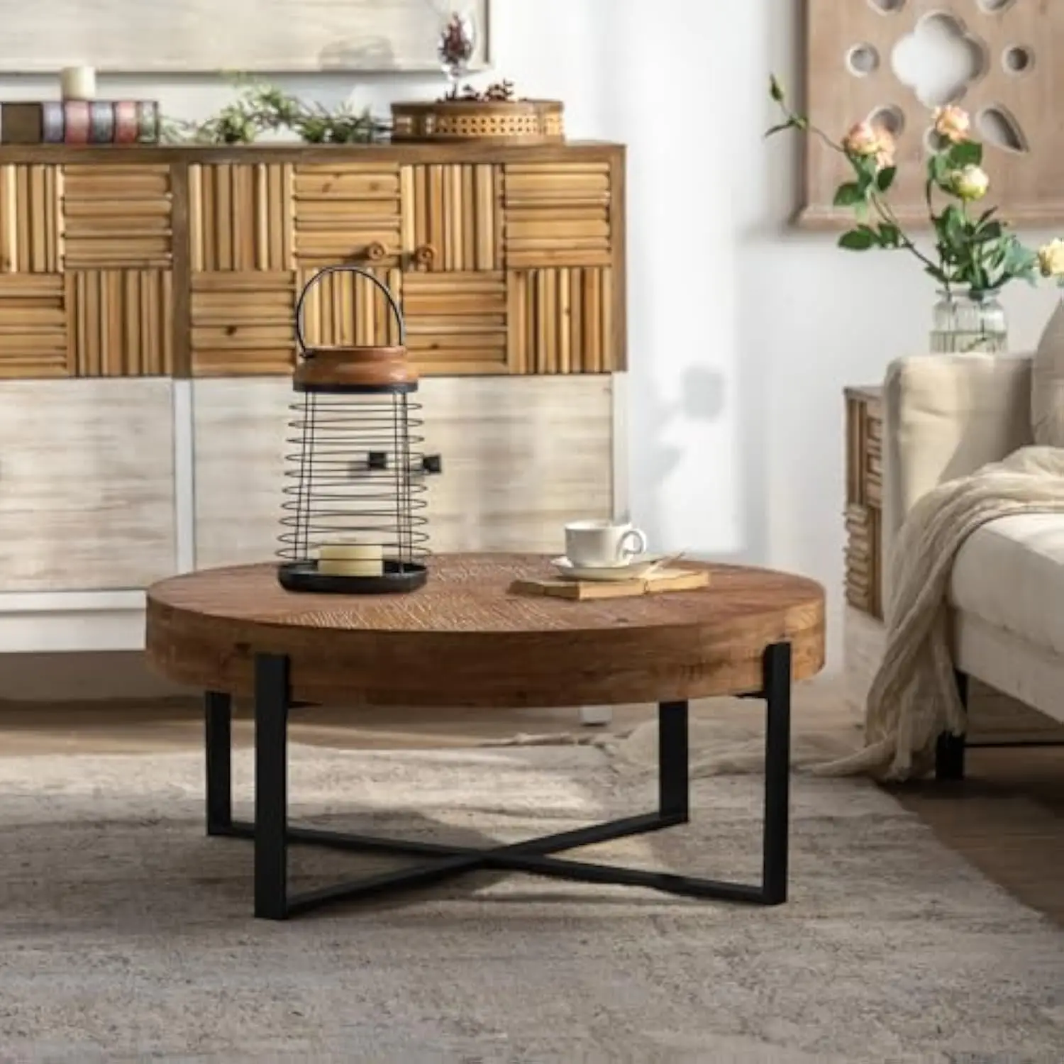 

31.29 Modern Retro Splicing Round Coffee Table,Fir Wood Table Top with Black Cross Legs Base
