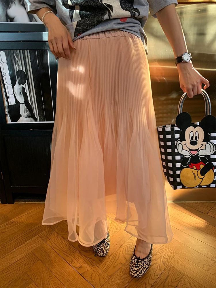 falda Rosa en Línea A con Cintura Elástica y Pliegues, Estilo Fresco y Nuevo para Mujer, Primavera 2025, Falda Blusa de F...