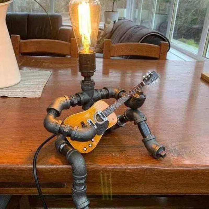 Steampunk Water Pipe Lamp Retro Creative Bedroom Desk Lamp Led Night Lamp Iron Pipe Guitarist Home Decoration Industrial Lamp