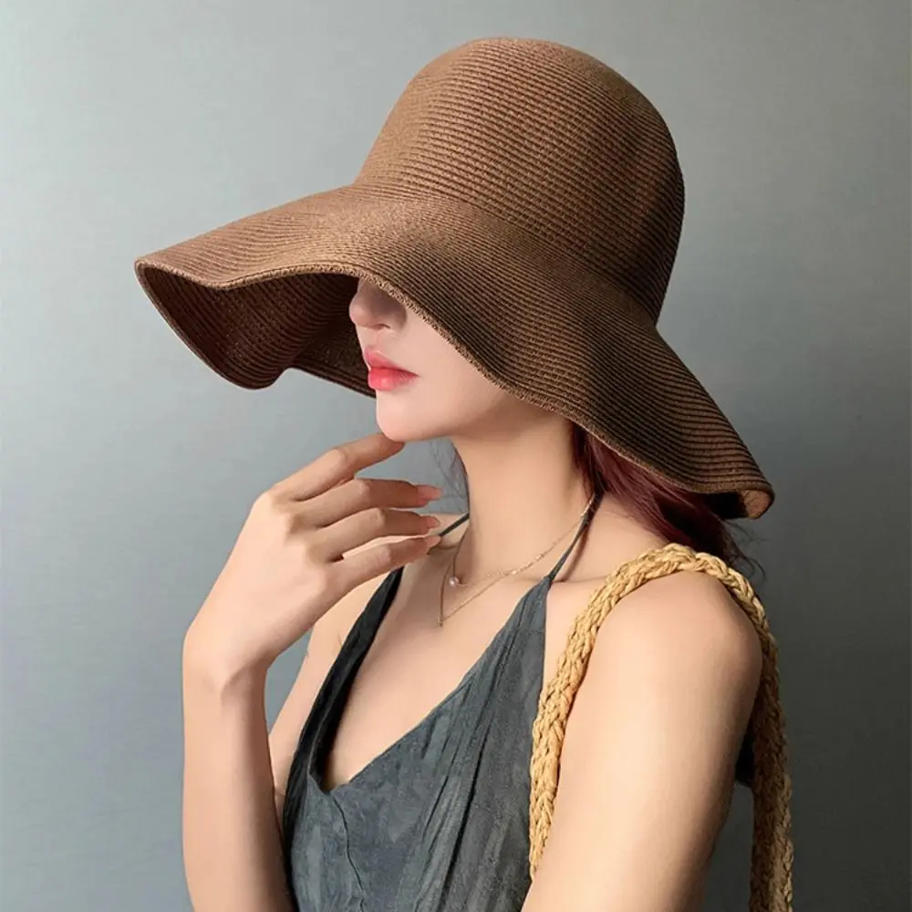 

Solid Color Wide Brim Straw Hat Breathable Korean Style Women's Sun Visor Hats Lightweight Simple UV Protection Cap Summer