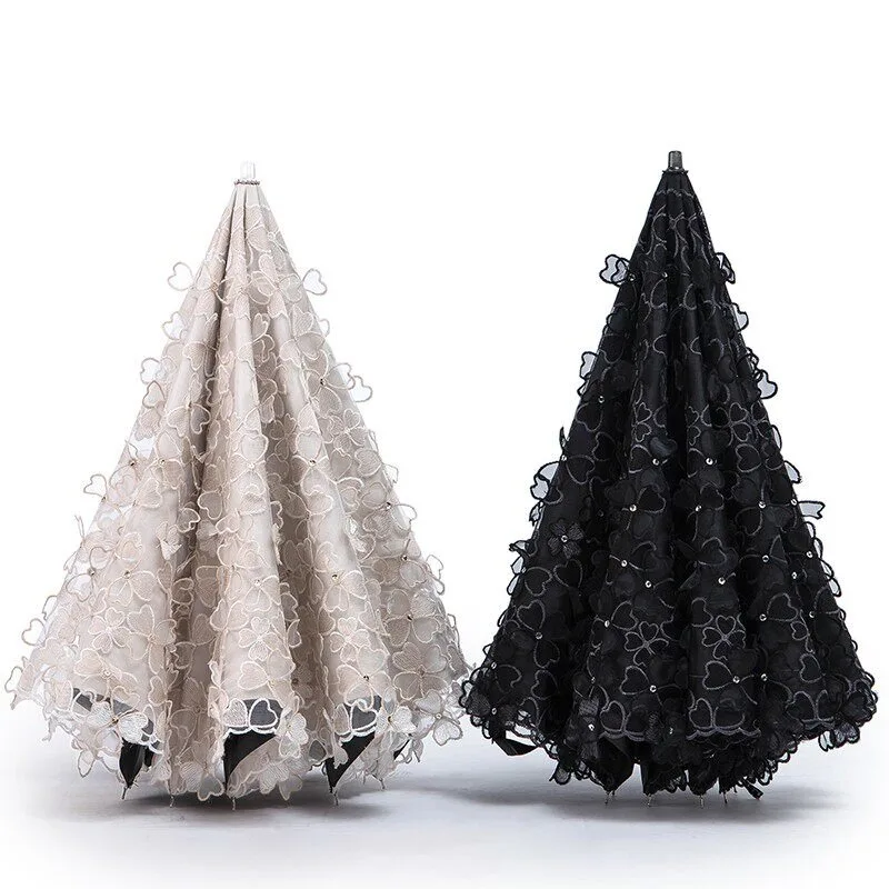 

2 Fold Lace Embroidery UV Protection Umbrella, Double Layer Black Coating Parasol for Women, Princess Rain Sun Lolita Style