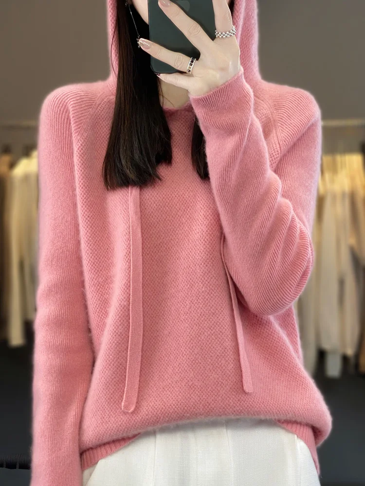 Autumn Winter Women’s Cashmere Hooded Pullover Thick Sweater Raglan Sleeve 100% Merino Wool Knitwear Warm Casual Comfortable Top