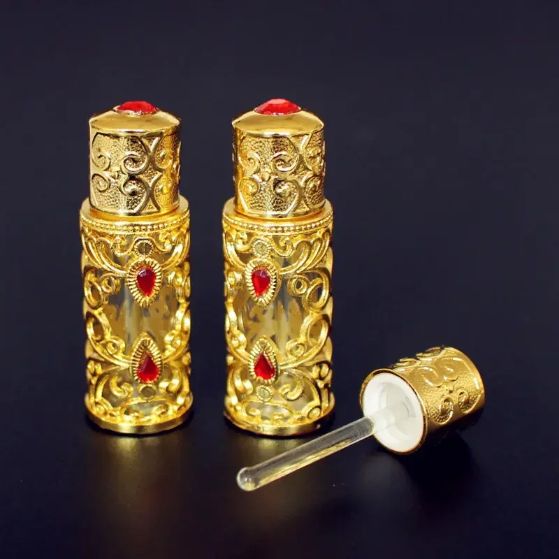 1PC 3ml Alloy Glass Perfume Bottles Arab Style Metal Essential Oils Bottle with Glass Dropper GOLD Color