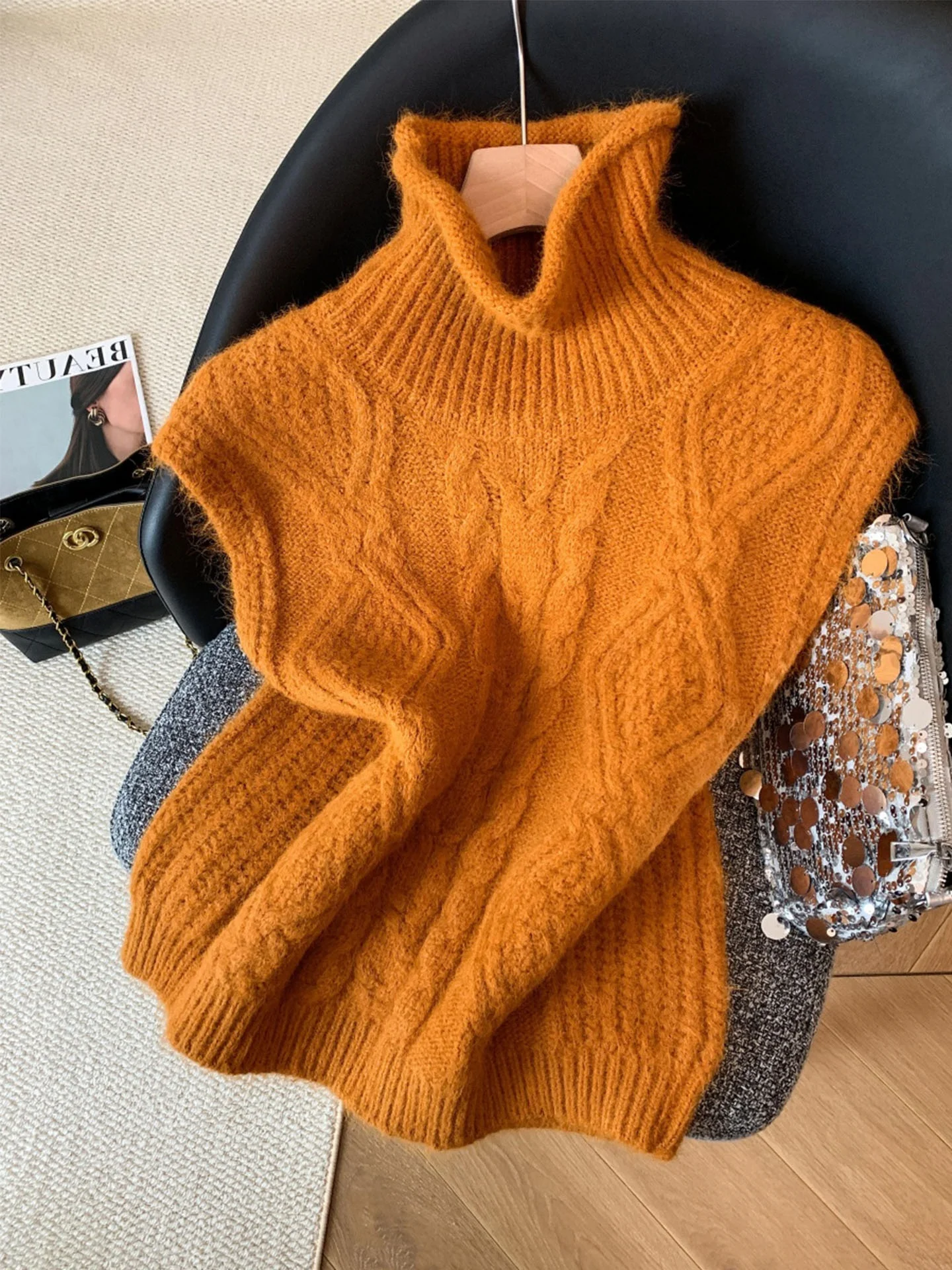 เสื้อกั๊กไหมพรมคอสูงทรงหลวมสำหรับผู้หญิง แฟชั่นฤดูใบไม้ร่วงฤดูหนาว เสื้อท่อนบนทรงสลิม สวมใส่สบาย เนื้อผ้านุ่ม สีสันสดใส เหมาะสำหรับใส่ไปทำงาน