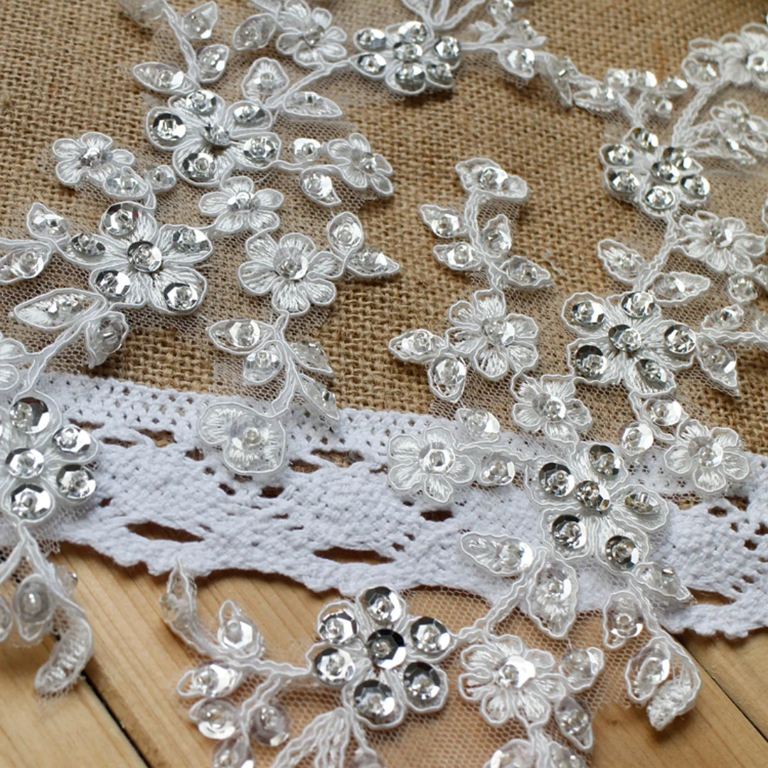 1 Pair Ivory Alencon Lace Appliques,Embroidered Flowers,Patches For Wedding Supplies,Bridal Hair Flower,Beaded Headpiece