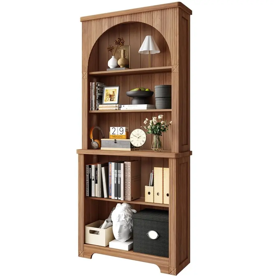 Tall Arched Bookshelf,Wooden 5 Tier Fluted Book Shelves with Adjustable Shelf,Arched Bookcase Bookshelf for Living Room Home Off