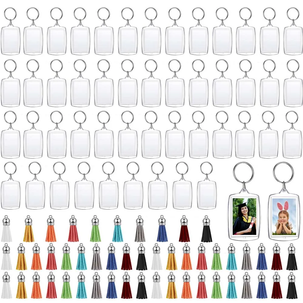 

100PCS Acrylic Photo Frame Keychain with Tassels Snap-In Custom Insert Photo Acrylic Blank Keyring Clear Blank Picture Keyring