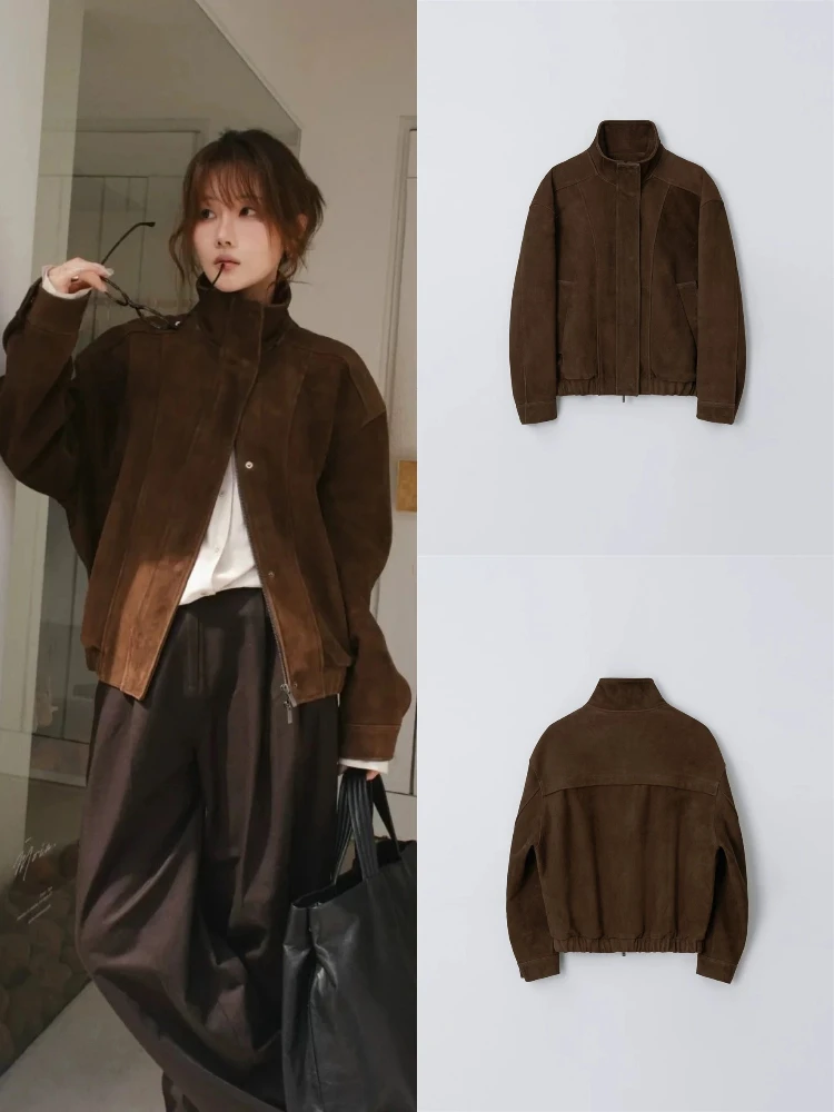 سترة قصيرة من الجلد المدبوغ بتصميم عتيق، ياقة عالية مع سحاب، ملابس خارجية فضفاضة للنساء، مجموعة الخريف، إصدار المصمم #5