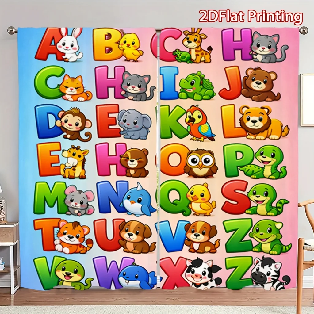 Cartoon Animal Alphabet Curtain, Colorful ABC Kids Window Drapes, Nursery Preschool Learning Decor