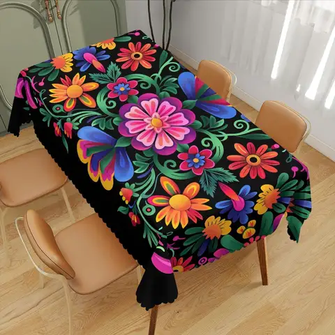 Vibrant Mexican Fiesta Tablecloth, Premium Cinco De Mayo Day of The Dead Table Cover for Festive Kitchen Dining Party
