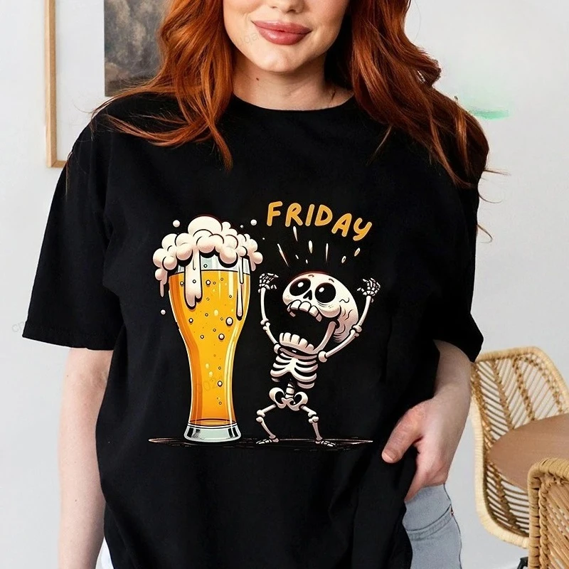 Camisetas de cerveza de lunes a viernes para mujer, camisetas deportivas divertidas e informales a la moda, camisetas gráficas de calavera y viernes con cerveza, ropa para mujer