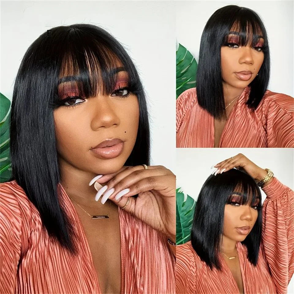 

Straight Human Hair Bob Wigs With Bangs Density 200 Straight Bob Wear And Go Glueless Wigs Human Hair Ready To Wear Can Be Dyed