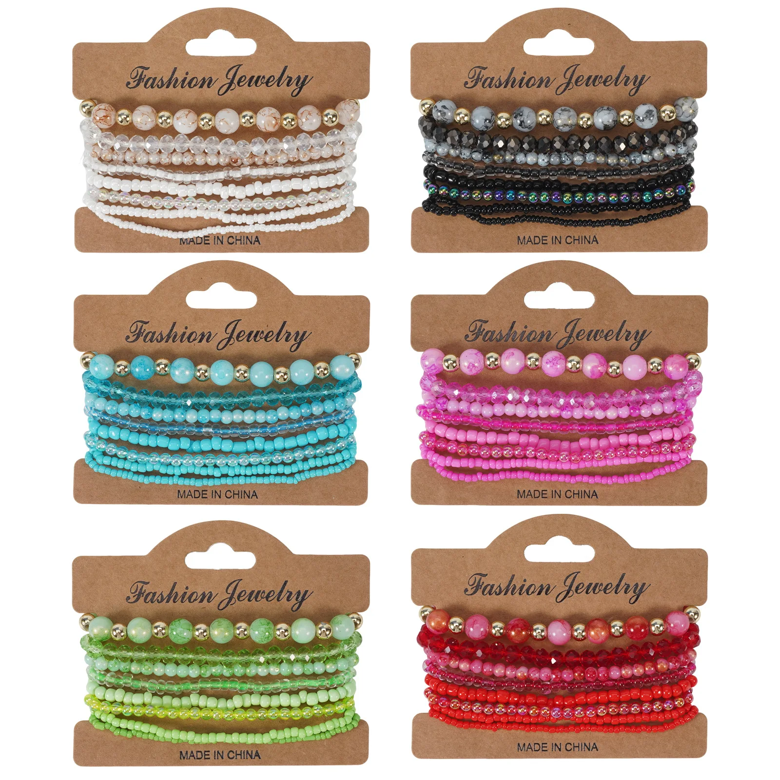 6PC Boho Layered Beaded Bracelet Set for Gift Crystal Stackable Stretch Bracelets Multicolor Bohemian Adjustable Jewelry Gift