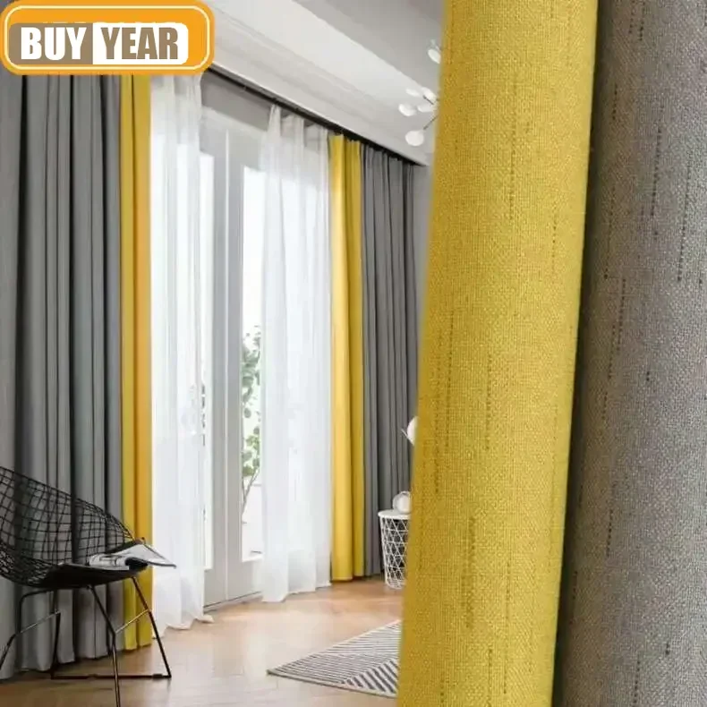 Solid Yellow Gray Vertical Stripe Jacquard Cotton Linen Patchwork Curtains For Living Room Bedroom French Window Customized