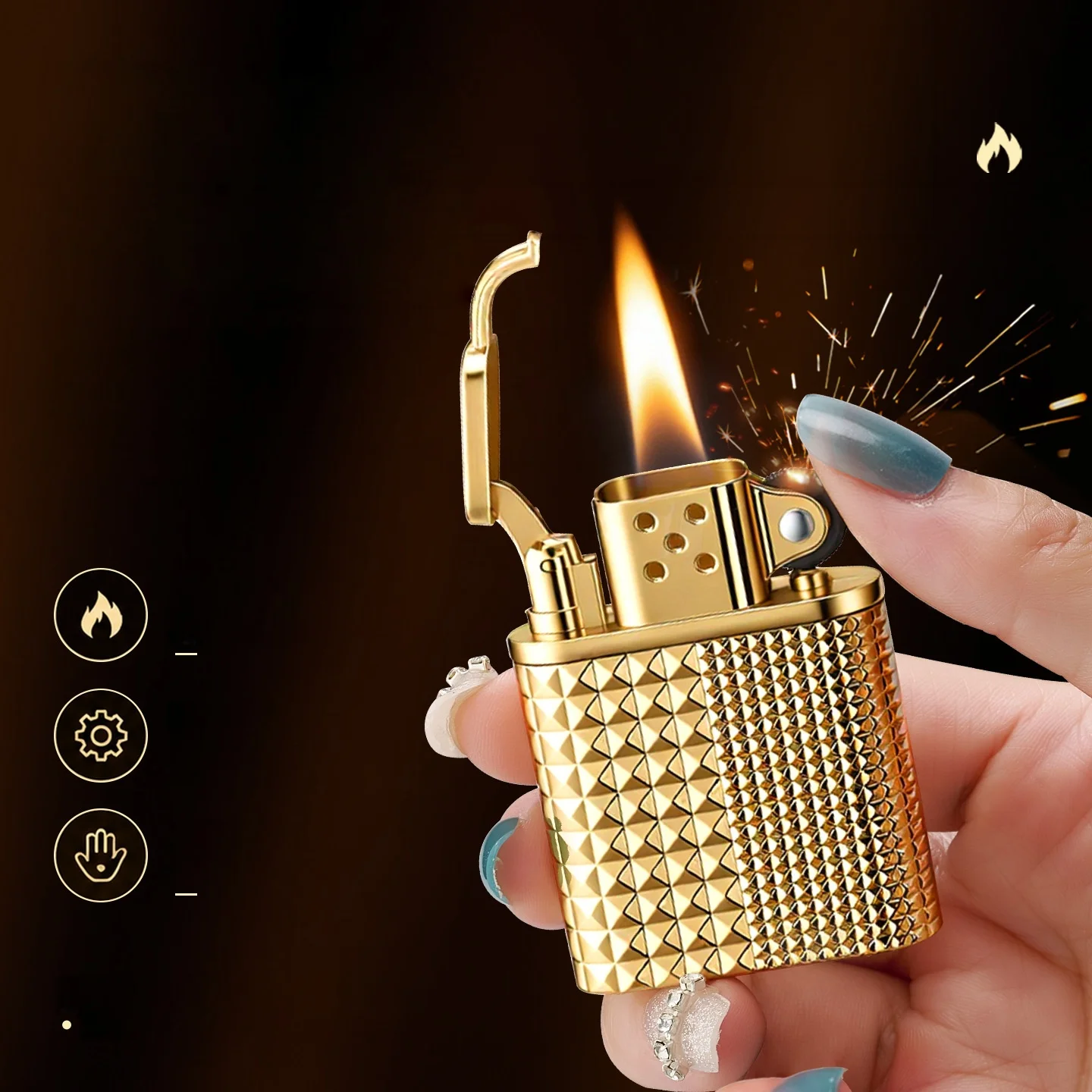 

Vintage Side-Slip Flint Ignition , Gold Plated Diamond Pattern Refillable Lighter for Menen Gadgets for Men Lighters