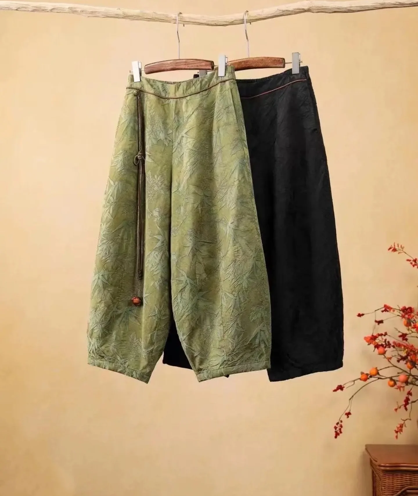 Winter jacquard thermal pants green / black rayon elastic waistband with fleece Boots pants embroidered cotton pants