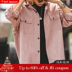 Maden Vintage Men's Striped Cuban Collar Shirts with Pockets Long-sleeved Blouses for Spring and Fall Versatile Trend Tops