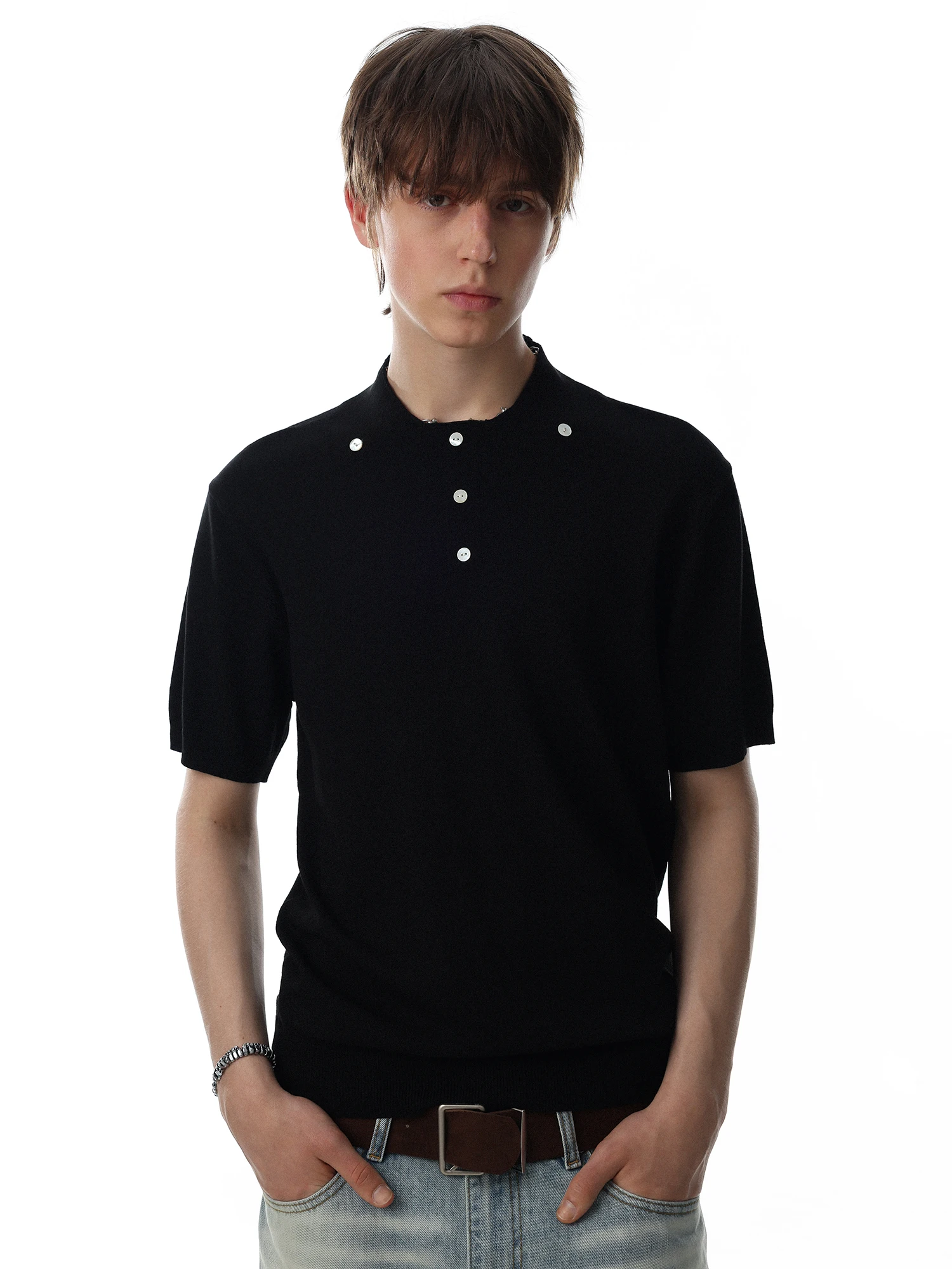 American Preppy Style  Collar Short Sleeve T-Shirt Men's Black Button Design Casual Versatile Top Loose Fit Summer Wear