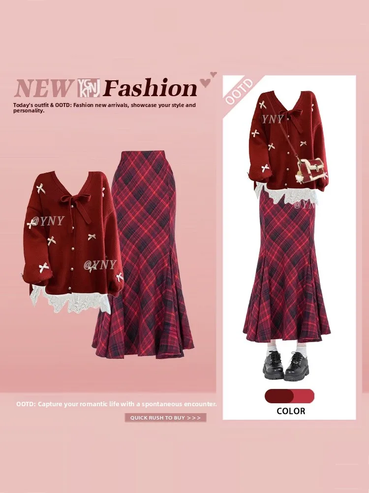 

Winter Vintage Aosphere Lace Splicing V-ne Knitted Sweater Women Plaid Slim Fi-tail Skirt Anti-aging Two-piece Set