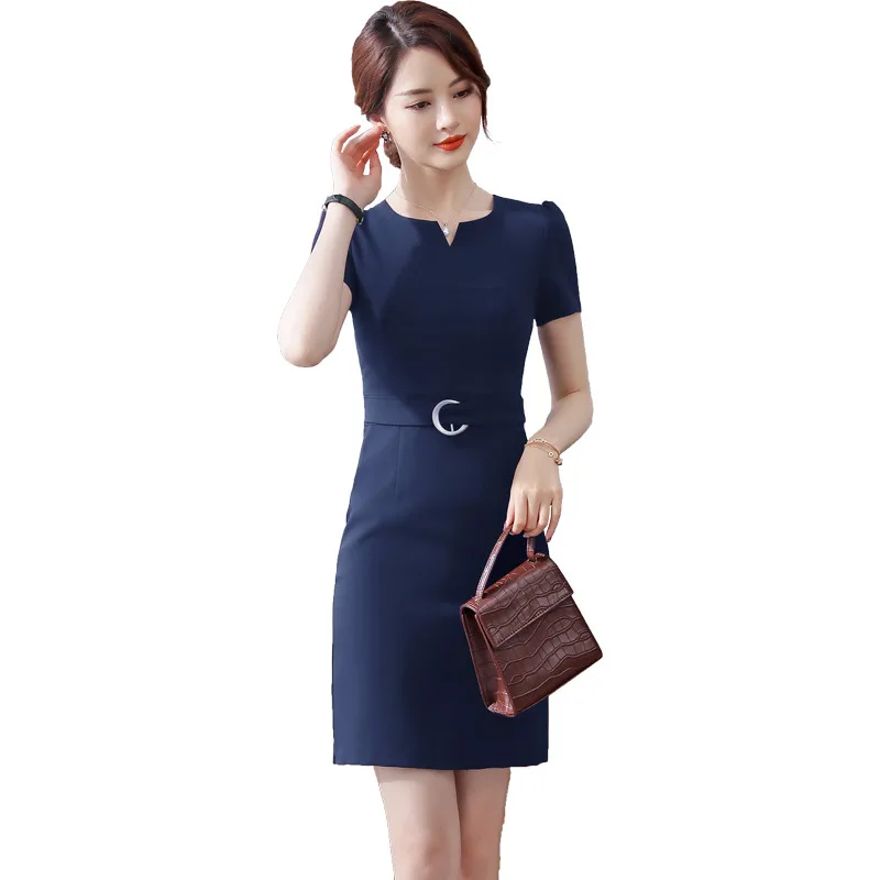 Uniform Styles Elegant Navy Blue Slim Hips Dresses For Women Summer Business Work Wear Ladies Office Female Mini Dress