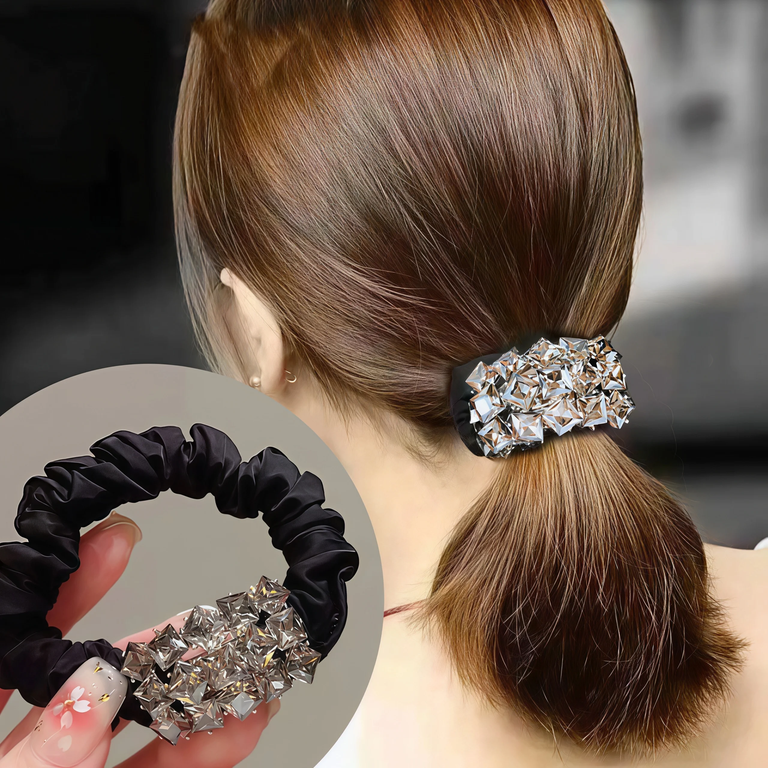 Luxurious Square Crystal Elastic Hair Bands Elegant Women Ponytail Rubber Band Hair Rope Tie Temperament Hair Accessories Gifts