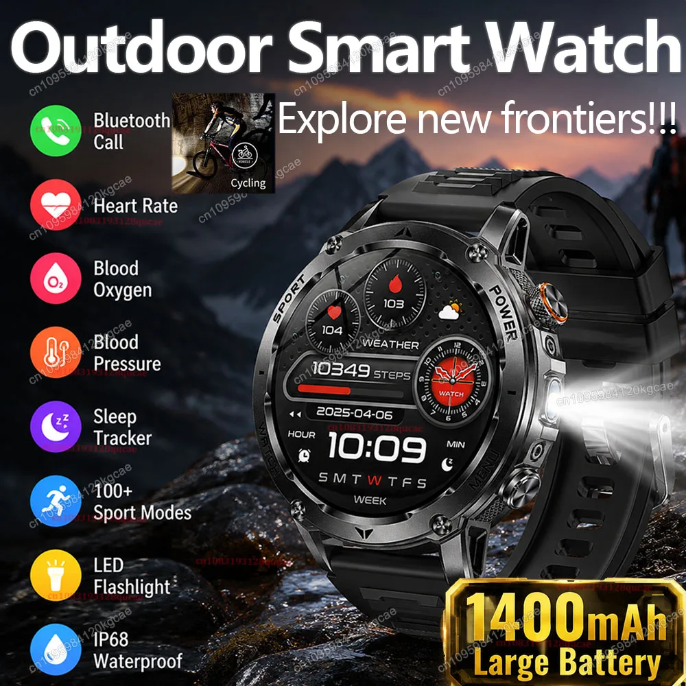 New 1400mAh Big Battery Smart Watch Men Outdoor GPS Flashlight IP68 Waterproof Bluetooth Calls AMOLED GPS Sports Smartwatch Ht30