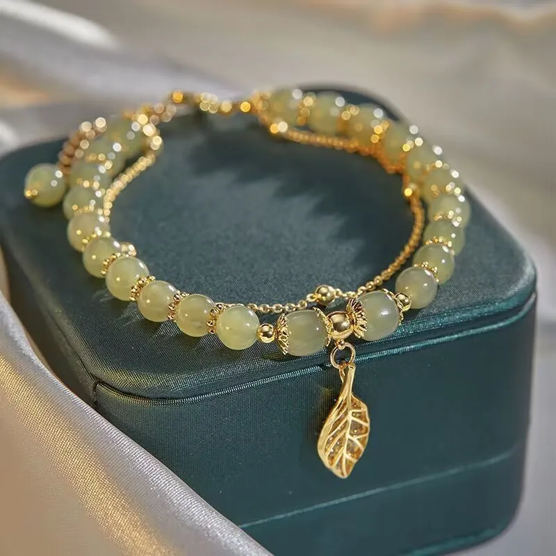 1PC Qixi Valentine's Day Advanced Gift Bracelet Gold Branch Jade Leaf Light Luxury Small Group Hand String Gifts to Girlfriend