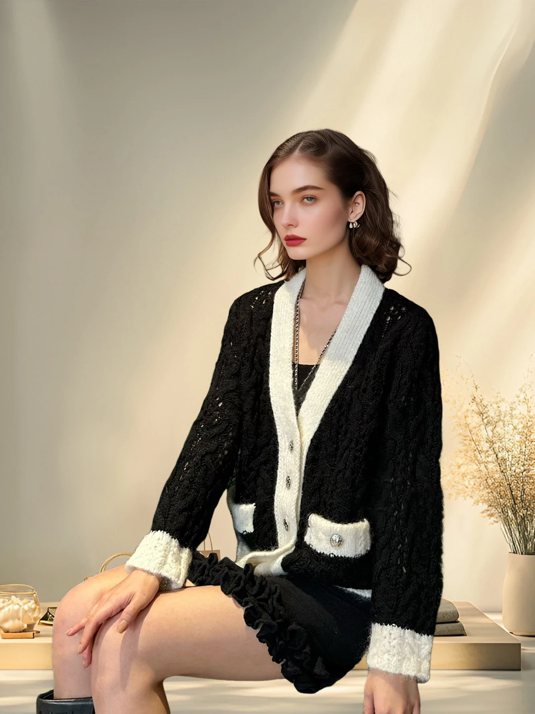 

New Autumn/Winter Arrival Black & White Color-Block Wool Cardigan for Women - V-Neck Thickened Knit Top