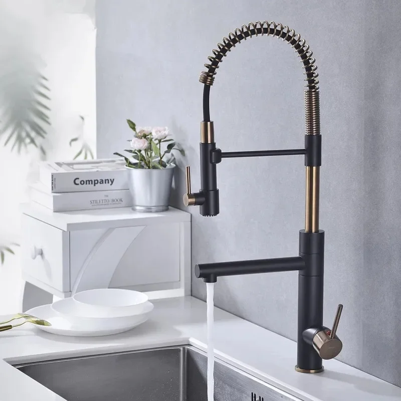 Brushed Gold Kitchen Faucets Pull Down Sink Faucet Pull Out Black Spring Spout Mixers Tap Hot Cold Water Crane