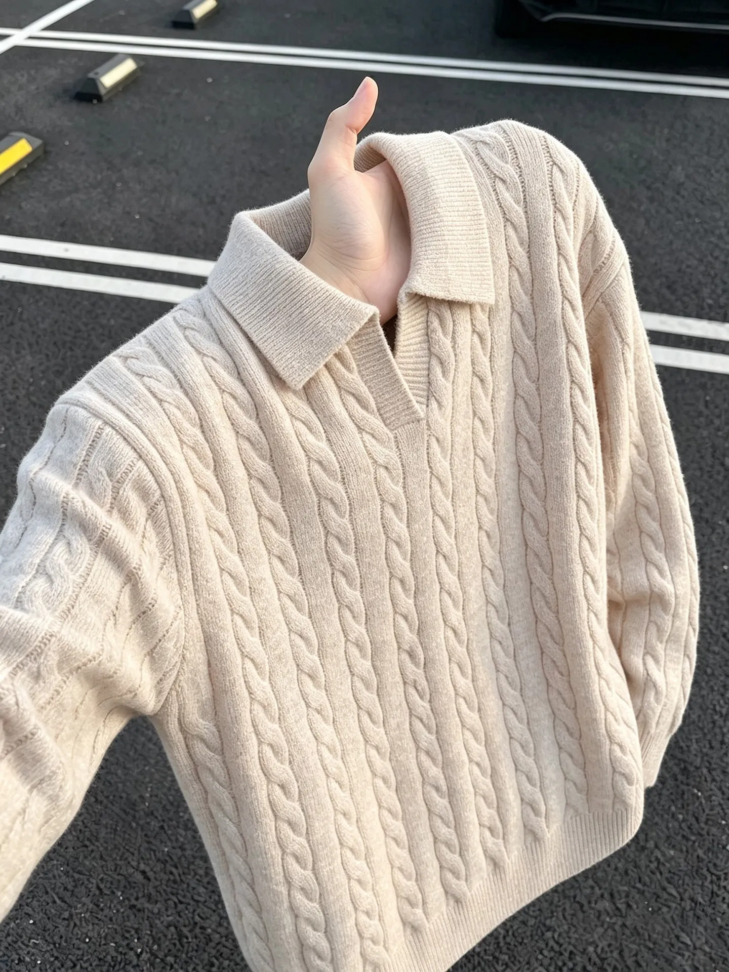 Light Grey Twisted Knit Sweater Men's Style Autumn High-End Feeling Collared Knitted Top Lazy Style Sea Eagle Collar Shirt