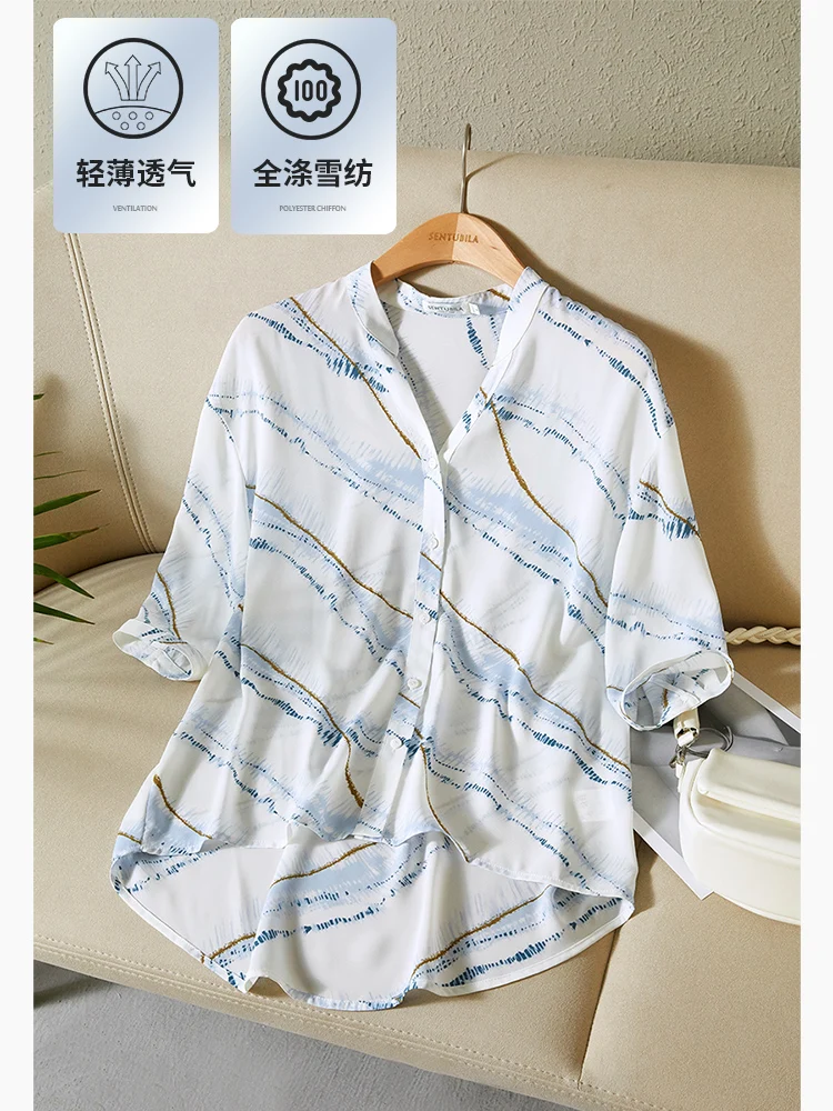 SENTUBILA Casual Loose Chiffon Blouse Shirts for Women 2024 Summer V-Neck Three Quarter Sleeve Single Breasted Fashion Shirts