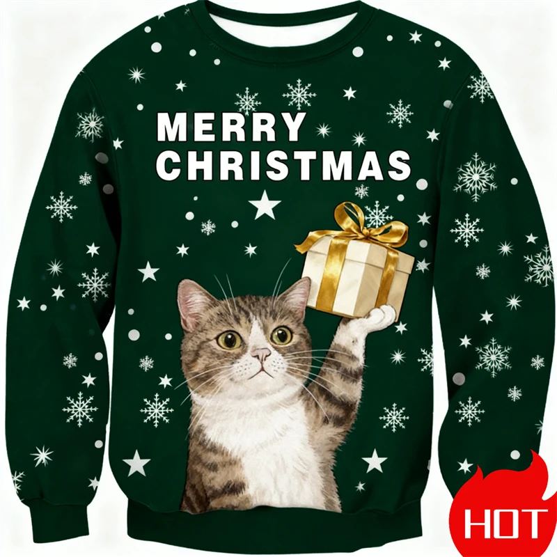 الرجال طاقم الرقبة عيد الميلاد القط البلوز ثلاثية الأبعاد الطباعة الرقمية مضحك لطيف القط تصميم مريح الرجال طويلة الأكمام البلوز 2026 جديد #4