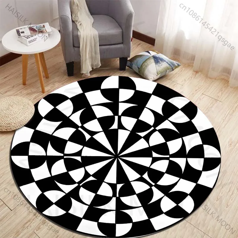Black and white geometric symmetrical Printed round carpet living room sofa table large pet mat soft round carpet home decor