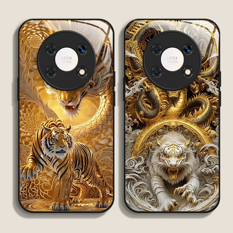 Чехол для телефона из закаленного стекла с узором «Сияющий Золотой Дракон и Тигр» для Huawei Honor 200 Lite 100 Pro 90 Magic 8 7 Lite 6 5PRO