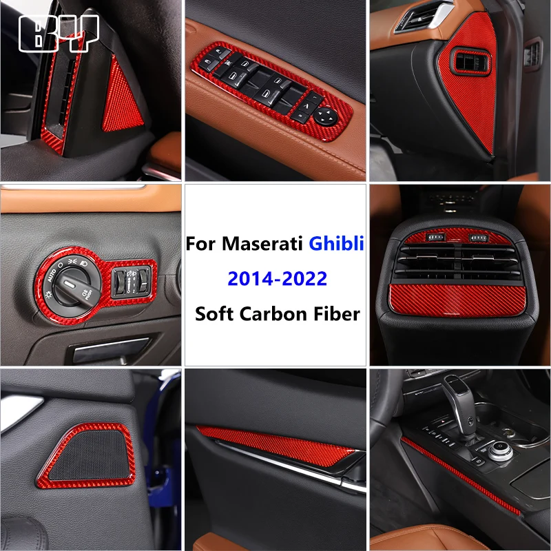 

For Maserati Ghibli 2014-2022 Red Soft Carbon Fiber Center Console Dashboard Door Armrest Panel Trim Stickers Accessories