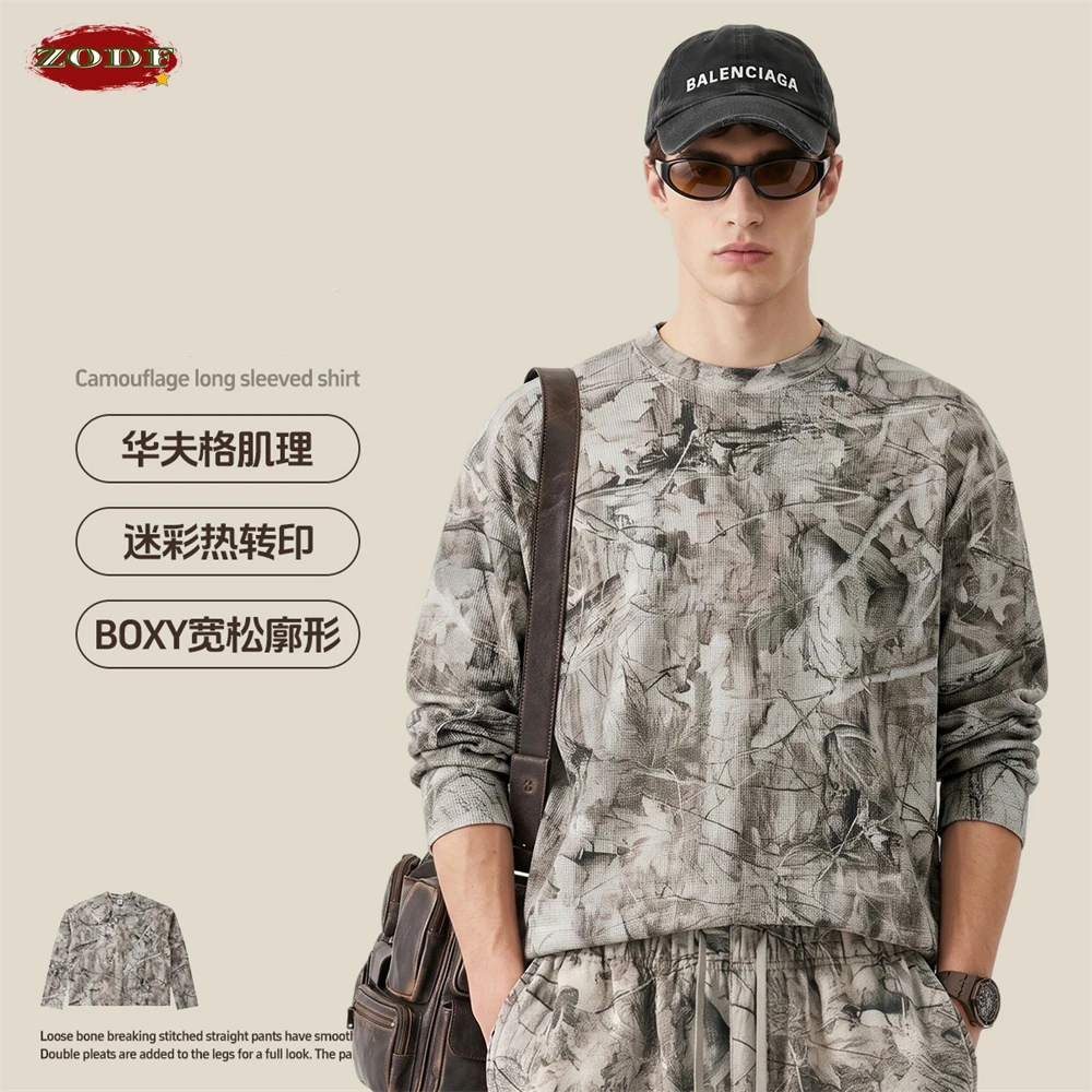 ZODF Trendy Autumn Boxyfit Waffle T-Shirt For Man Unisex 260gsm Branch Camouflage Printing Full Sleeve T Shirts Tops HY1299