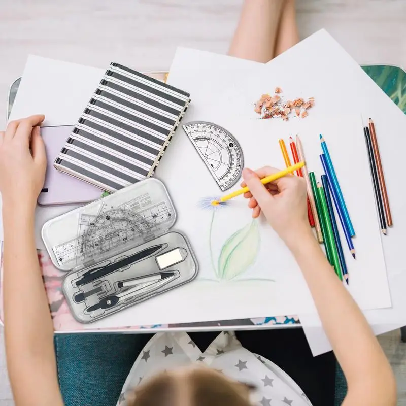 Protractor And Compass Set 10X Math Geometry Kit Compass Geometry Tools For Drafting Drawing Compass Precision Set With Storage